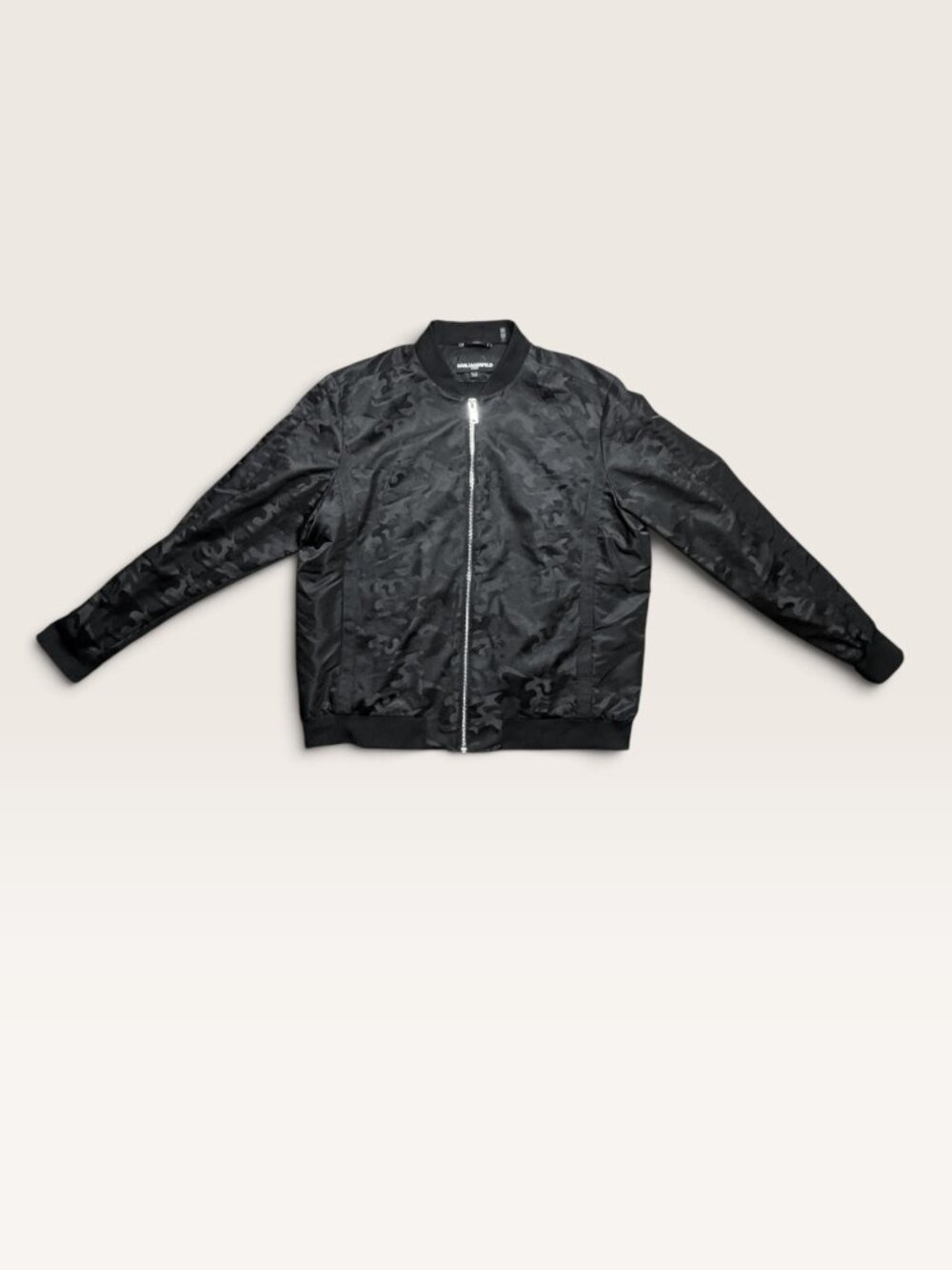 Karl Lagerfeld Mens XXL Camo Bomber Jacket Black Matte Satin Streetwear Modern